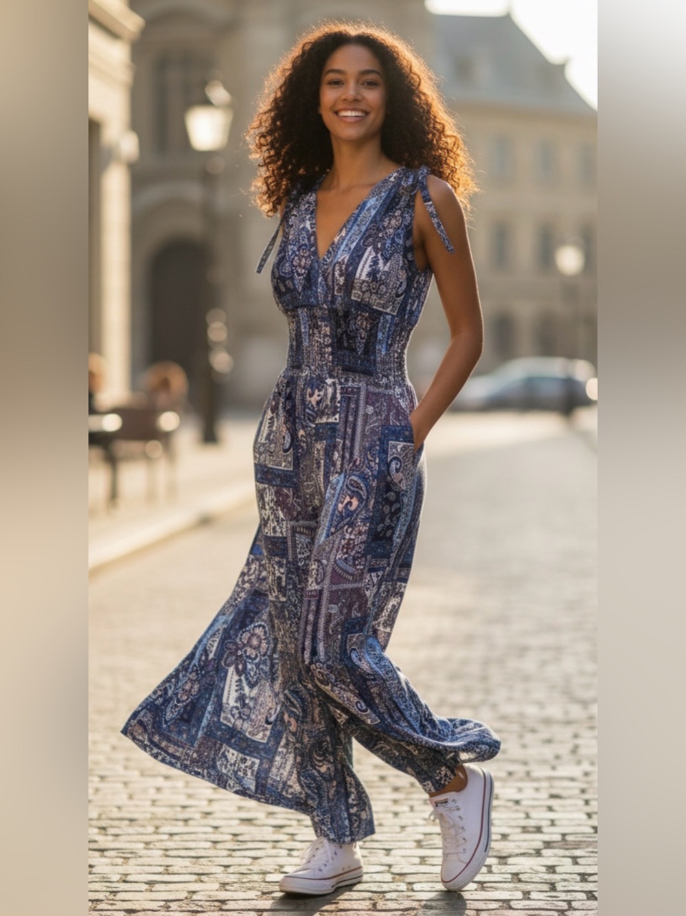 Gorgeous Blue Paisley Sleeveless V-Neck Jumpsuit WITH POCKETS!